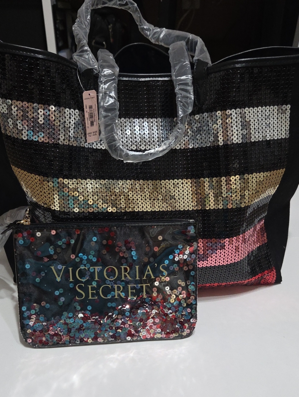 Victoria's Secret Black Sequin Stripe Tote with Multicolor Sequin Pouch
